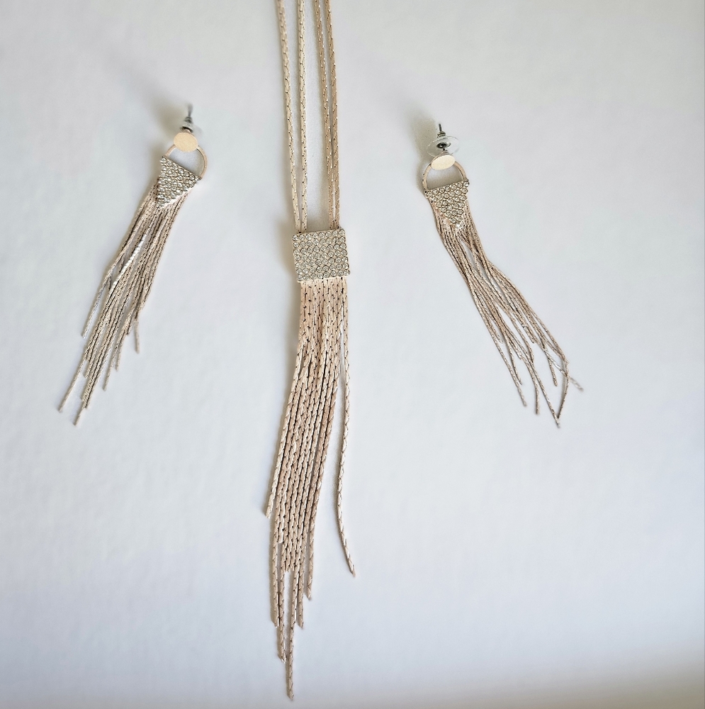 Vintage GUESS - Gold Tone - Fringe Drop Necklace and Earring Set (PAVE CRYSTALS)